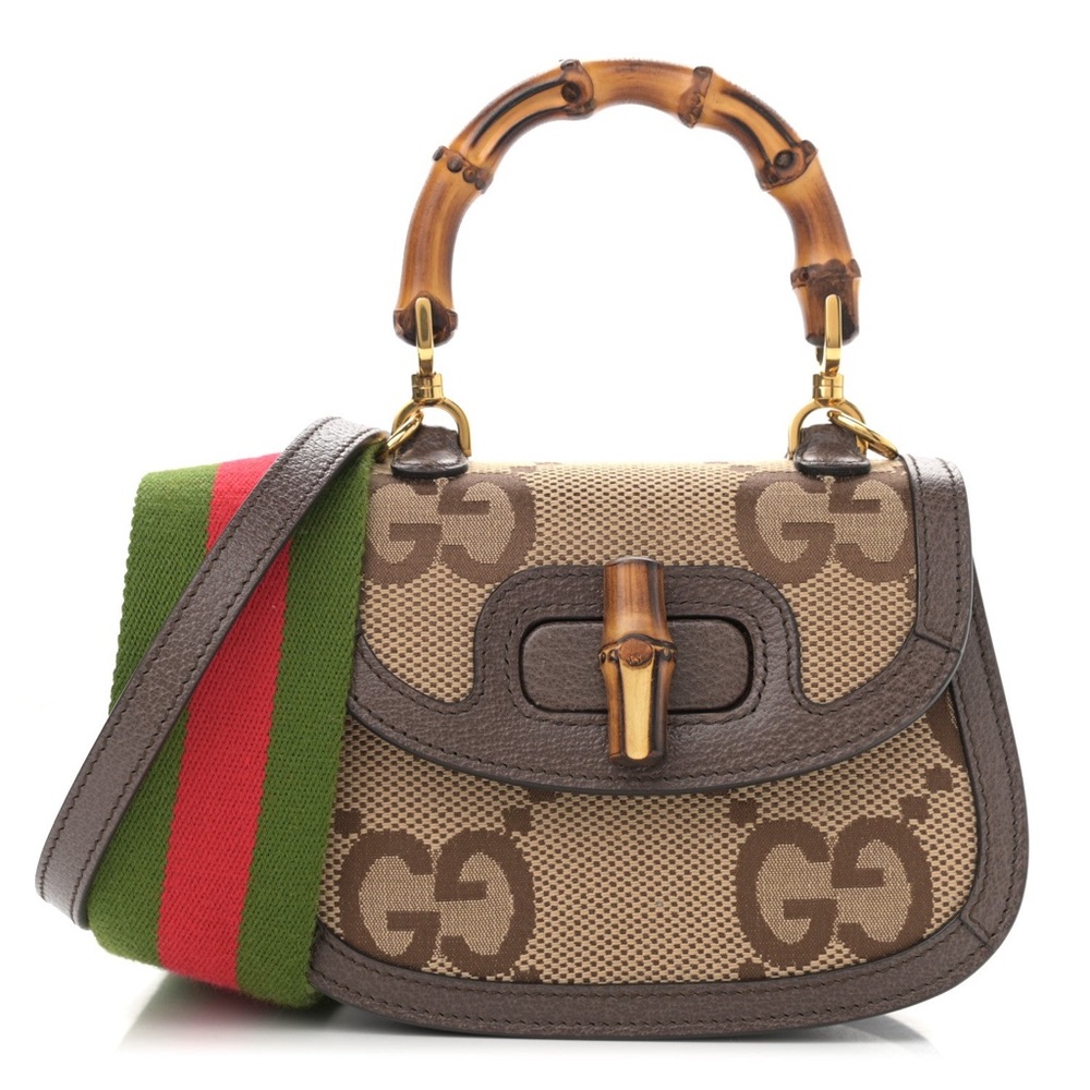 AUTH GUCCI 1947 Monogram Jumbo GG Textured Mini Bag Bamboo Top Handle in Camel